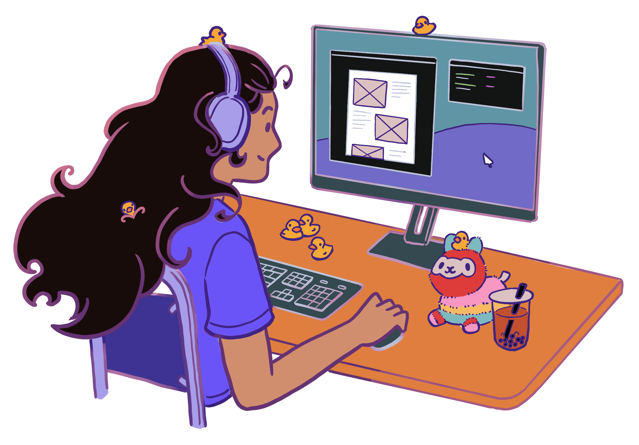 Natasha with headphones in front of monitor coding  with rubber ducks all over and Herbert the Llama next to boba on her desk