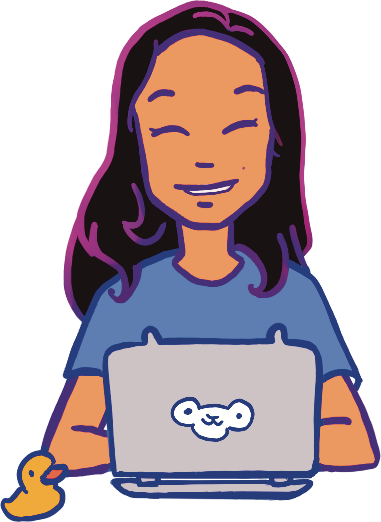 Natasha within front of monitor coding with a rubber duck next to her